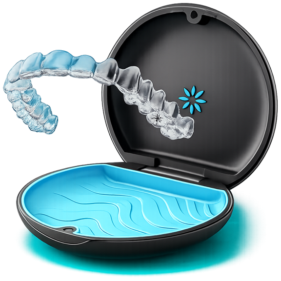 Transparente Invisalign-Schiene in ihrer Aufbewahrungsbox