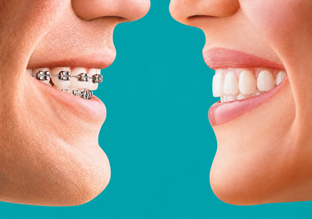 Vergleich zwischen sichtbarer Zahnspange und unauffälliger Invisalign Schiene